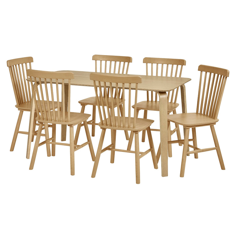 Wooden dining table with six matching chairs on a white background
