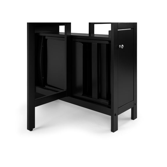 Black corner cabinet with open door on a white background