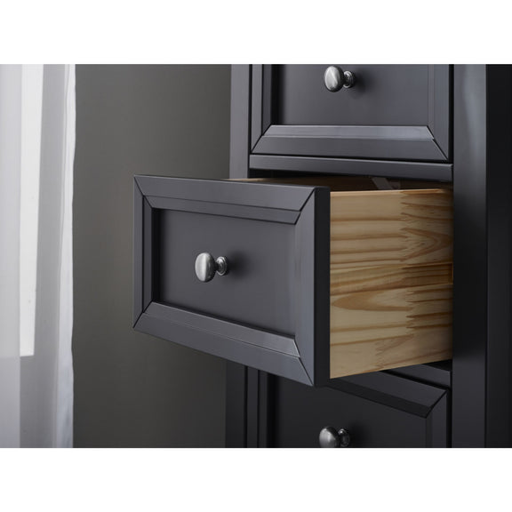 Gray cabinet with open drawer revealing wooden interior