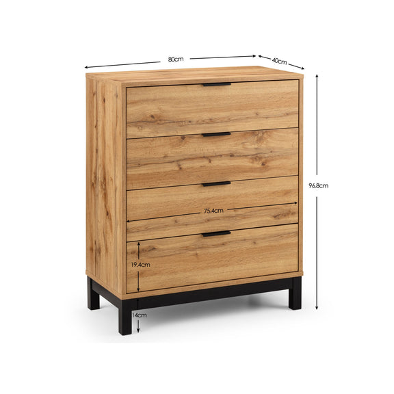 Wooden chest of drawers with dimensions on a white background