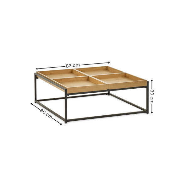 Wooden coffee table with dimensions on a white background