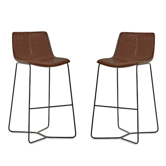 Two brown bar stools with wireframe legs on a white background