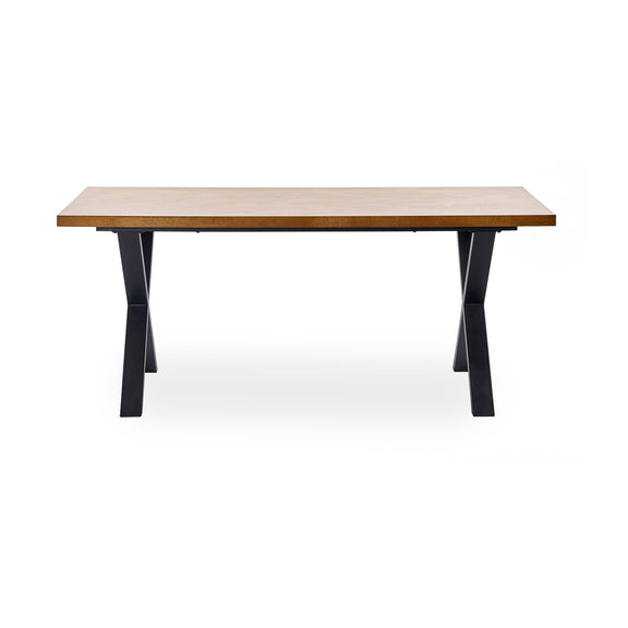 Wooden table with black metal legs on a white background