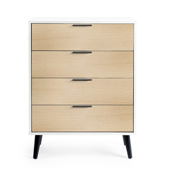 Wooden dresser with four drawers on a white background