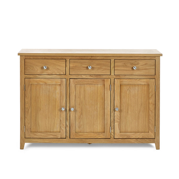 Wooden sideboard with three doors and three drawers on a white background