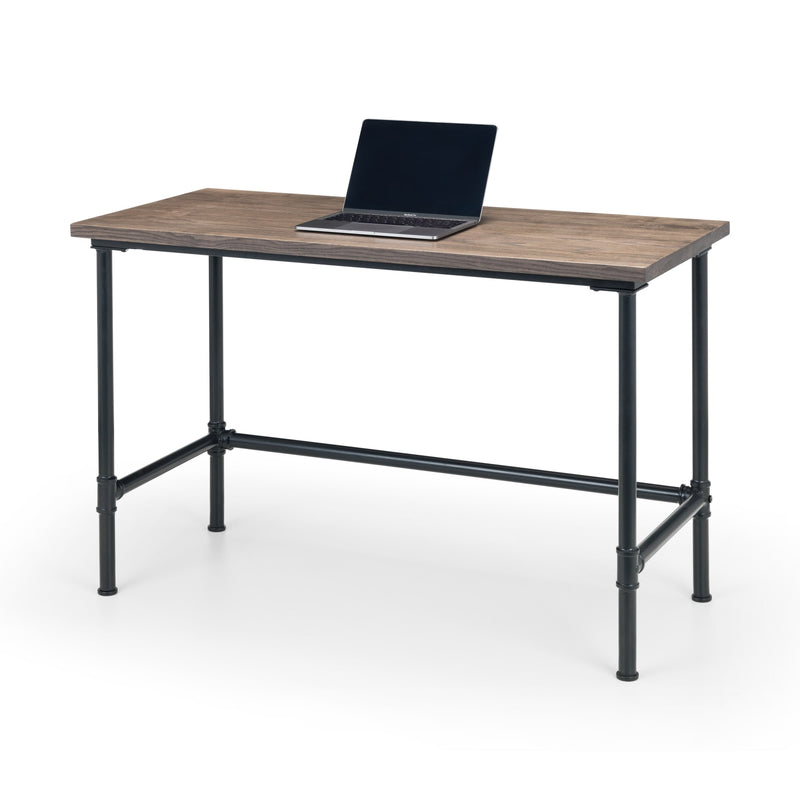 Wooden desk with black metal legs on a white background
