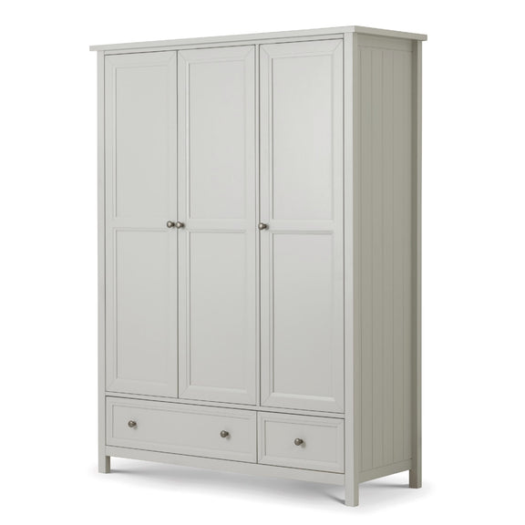 Gray wardrobe with three doors and two drawers on a white background