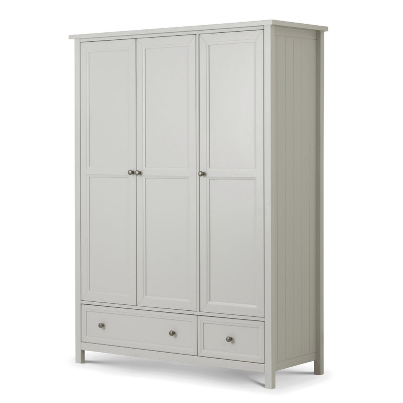Gray wardrobe with three doors and two drawers on a white background