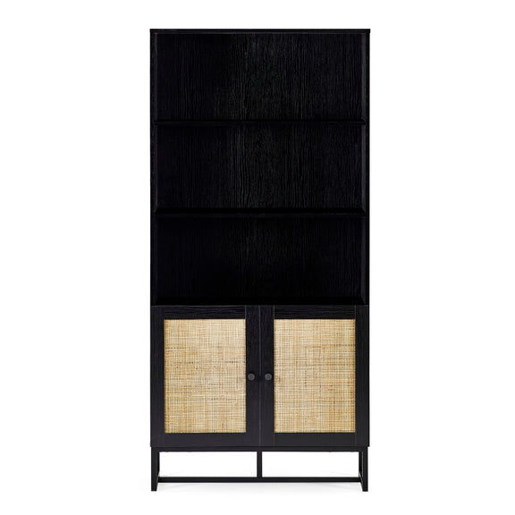 Black cabinet with rattan doors on a white background