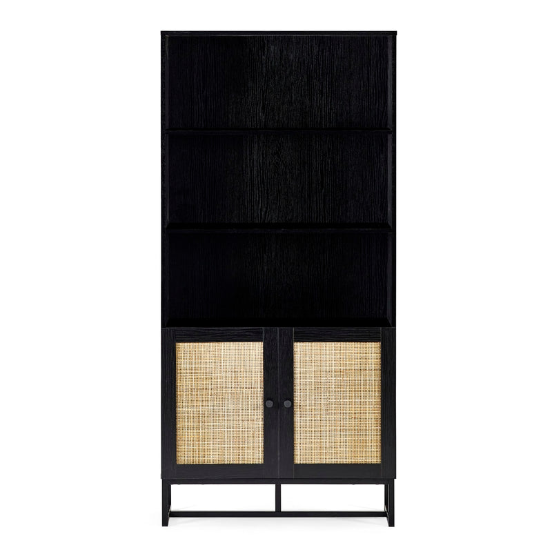 Black cabinet with rattan doors on a white background