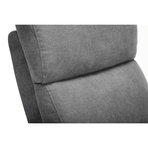 Gray upholstered chair with a cushioned backrest on a white background