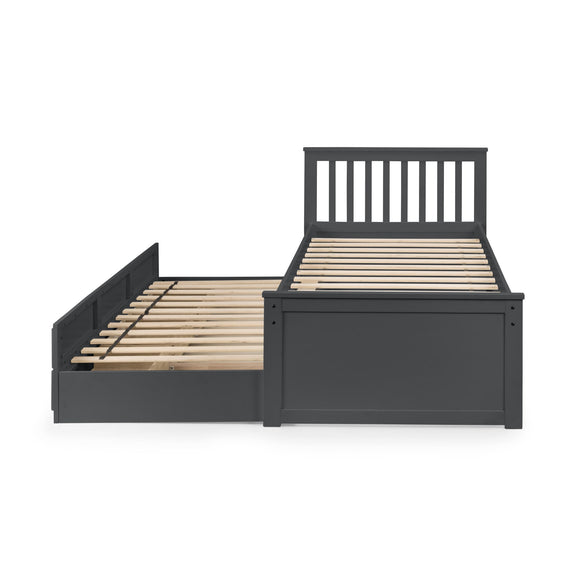 Black wooden bed frame with slatted headboard on a white background