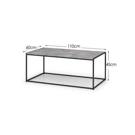Coffee table with dimensions labeled on a white background