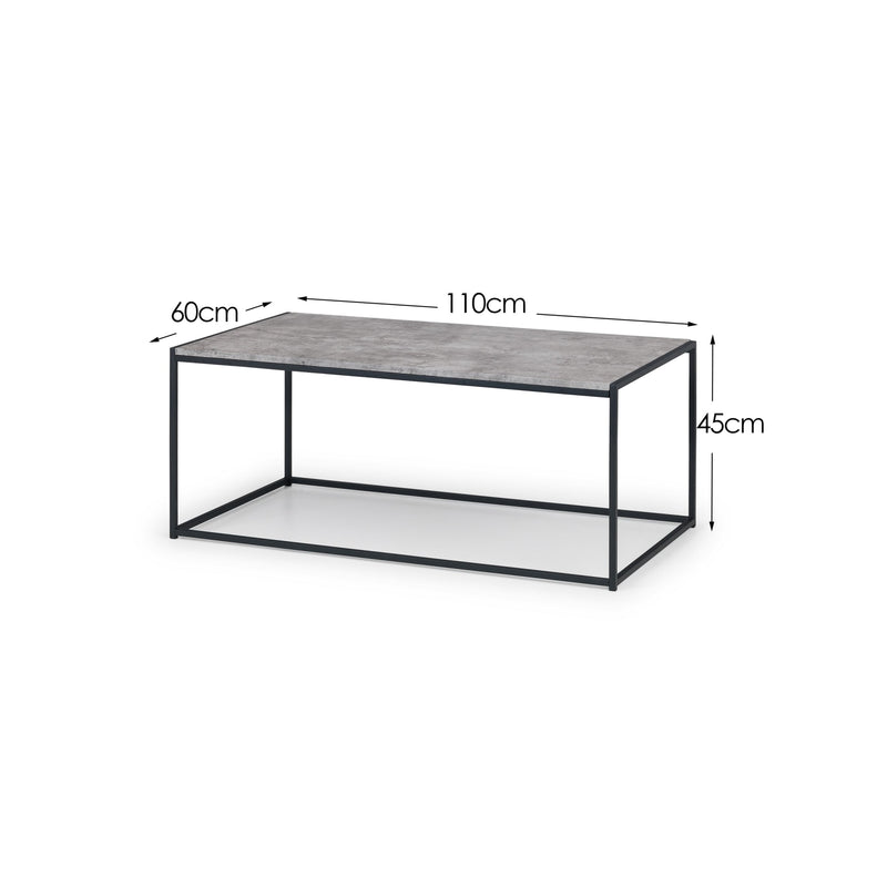 Coffee table with dimensions labeled on a white background