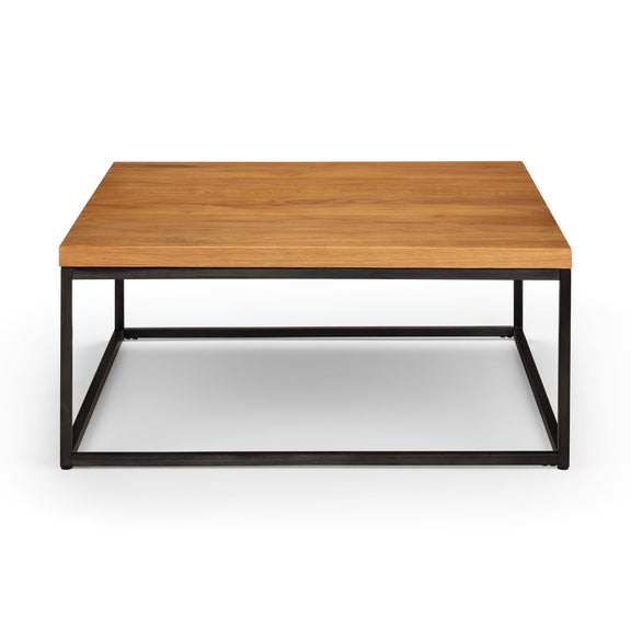 Wooden coffee table with black metal frame on a white background