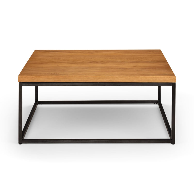 Wooden coffee table with black metal frame on a white background