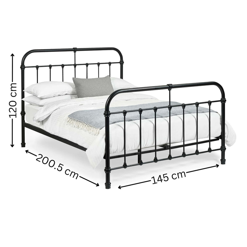 Black metal bed frame with dimensions on a white background