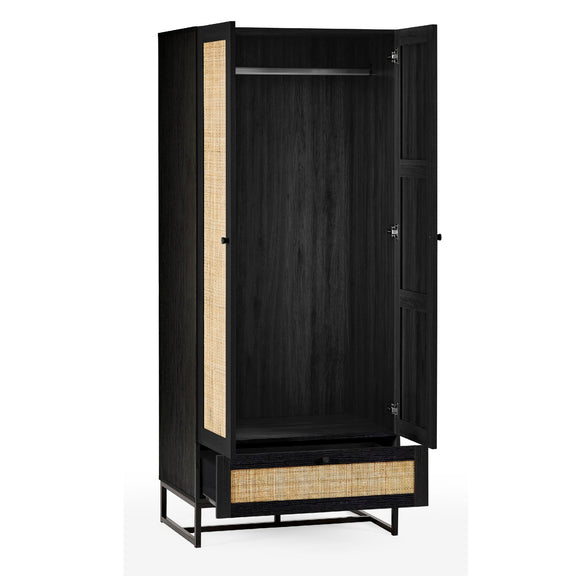 Black wardrobe with wooden interior and drawers on a white background