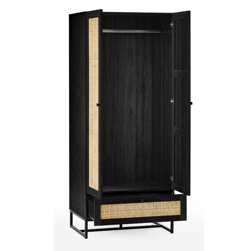 Black wardrobe with wooden interior and drawers on a white background