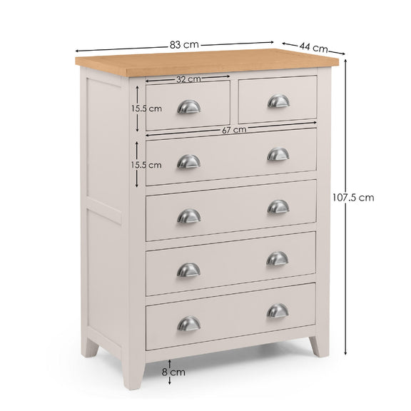 White dresser with wooden top and dimensions labeled