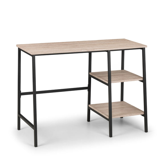Wooden desk with black metal frame on a white background