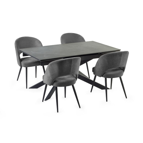 Gray dining table with four matching chairs on a white background
