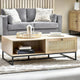 Wooden coffee table with books and a basket in a living room setting.