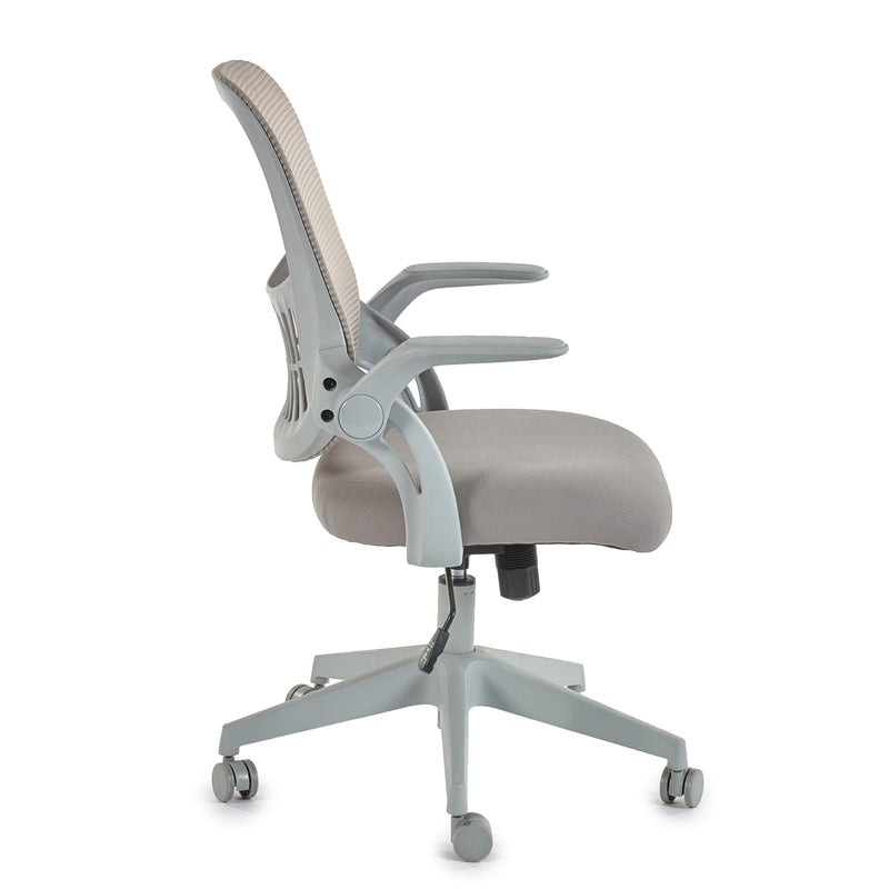 Gray office chair with mesh back on a white background
