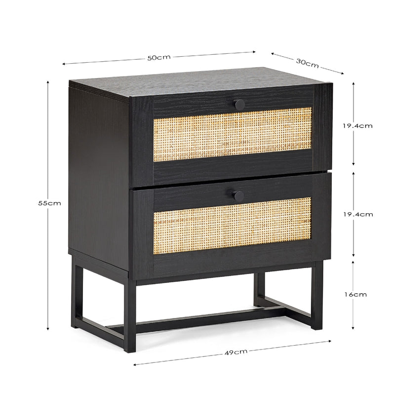 Black nightstand with rattan drawers and dimensions labeled
