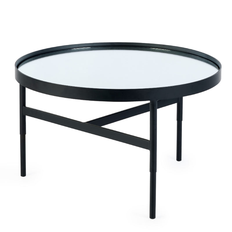 Round glass coffee table with black metal frame on a white background