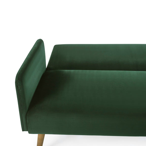 Green upholstered bench with a white background