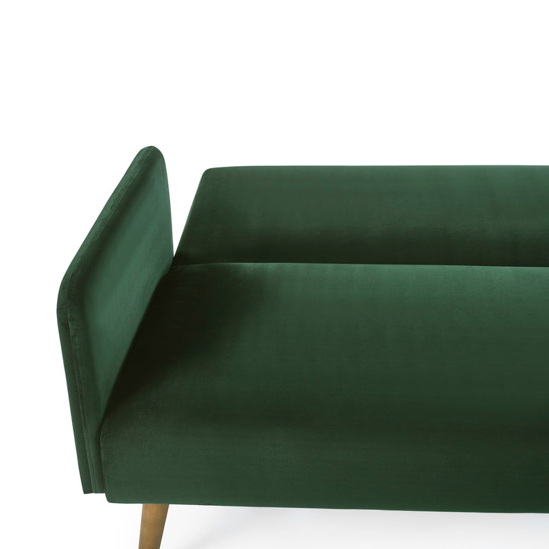 Green upholstered bench with a white background