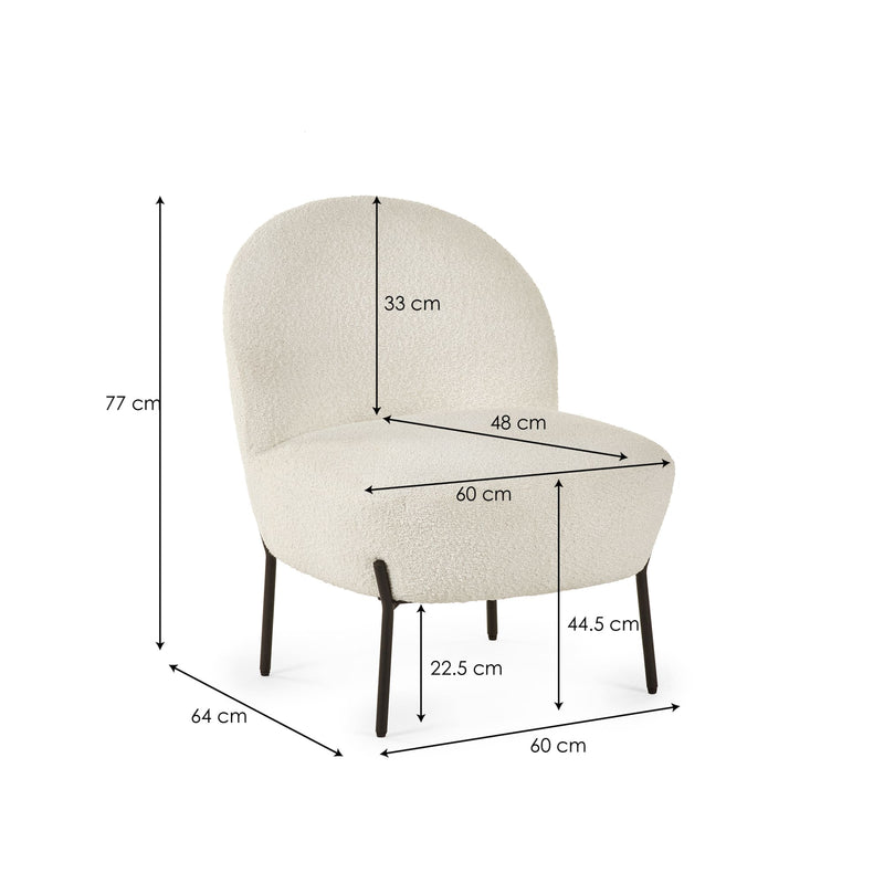 Beige armchair with dimensions marked on a white background