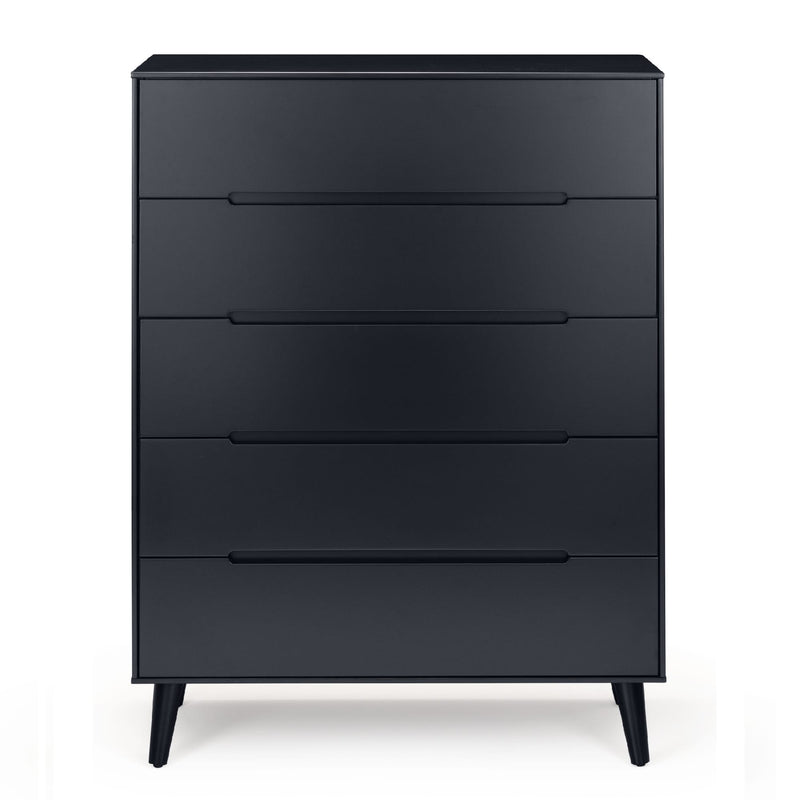Black dresser with four drawers on a white background