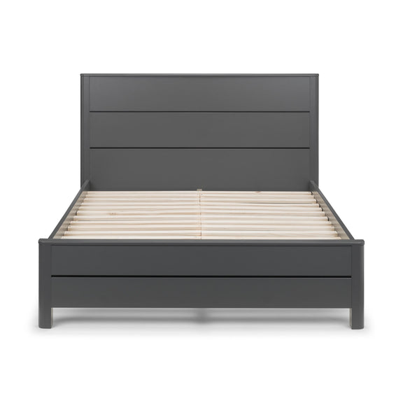 Gray bed frame with wooden slats on a white background