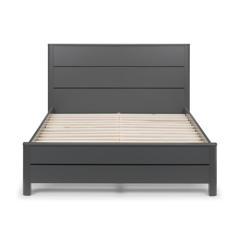 Gray bed frame with wooden slats on a white background