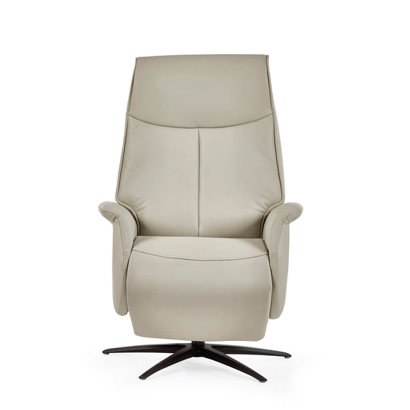 Beige recliner chair with a black base on a white background