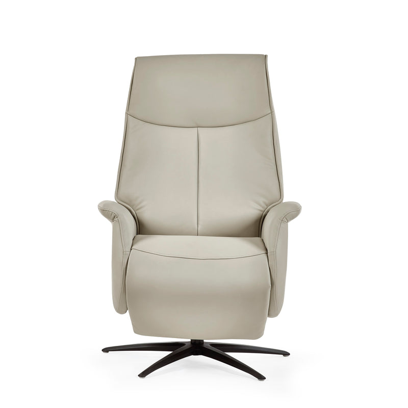 Beige recliner chair with a black base on a white background