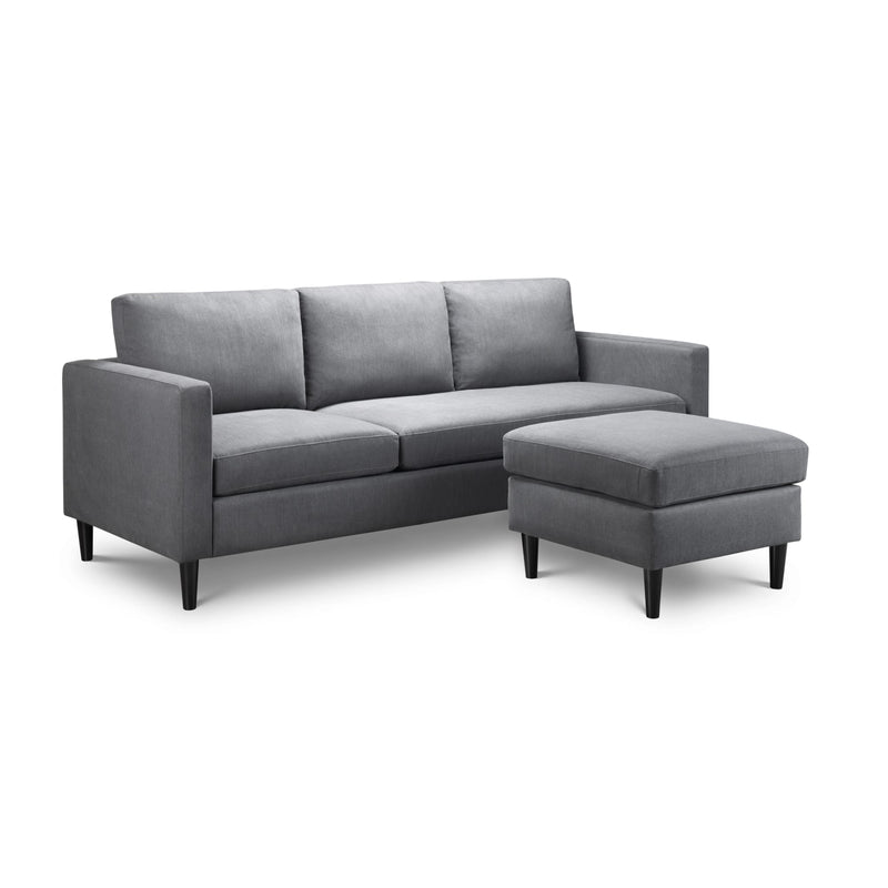 Gray sectional sofa with ottoman on a white background
