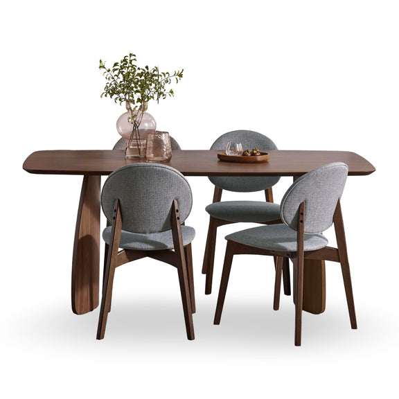 Dining table set with wooden table and gray chairs on a white background