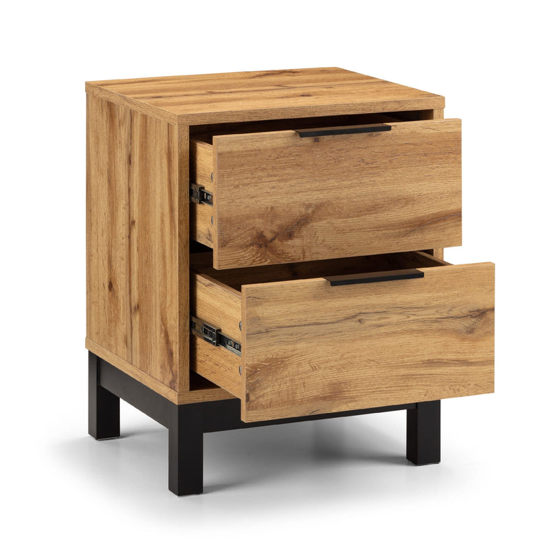 Wooden nightstand with two drawers on a white background