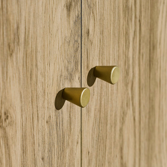 Two gold cabinet knobs on a wooden door