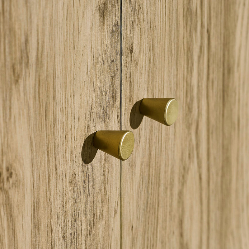 Two gold cabinet knobs on a wooden door