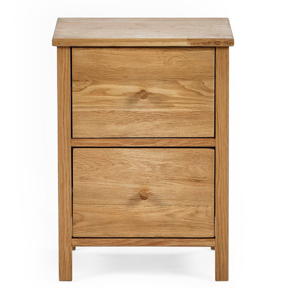 Wooden nightstand with two drawers on a white background