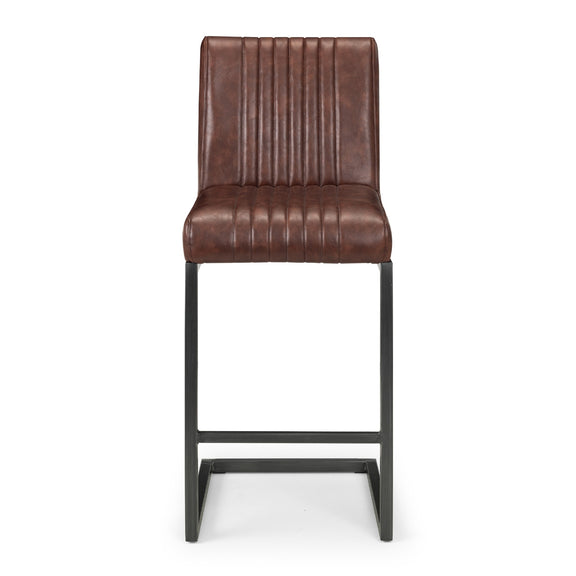 Brown bar stool with black metal legs on a white background