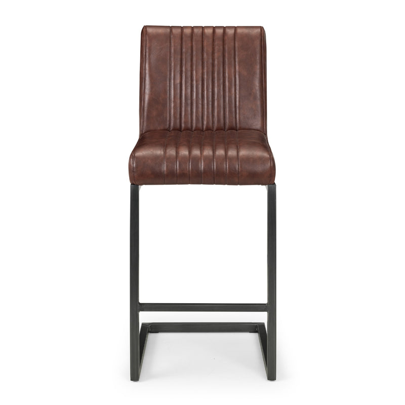 Brown bar stool with black metal legs on a white background
