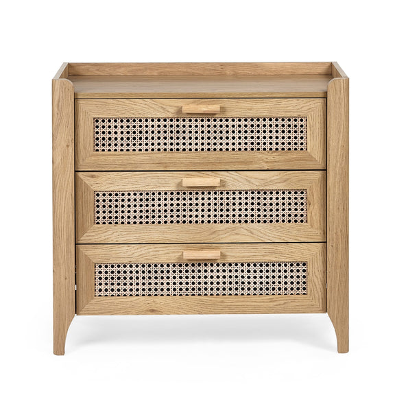 Oak effect three drawer chest with woven rattan drawer fronts