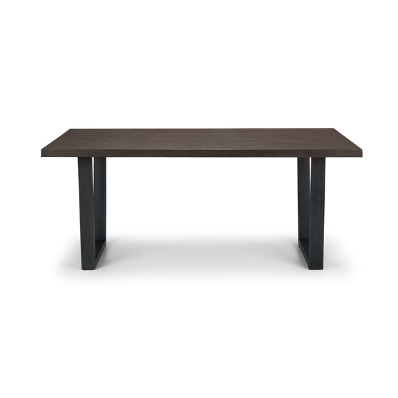 Dark brown rectangular table with black legs on a white background