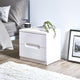 White nightstand with a lamp and plant in a bedroom setting