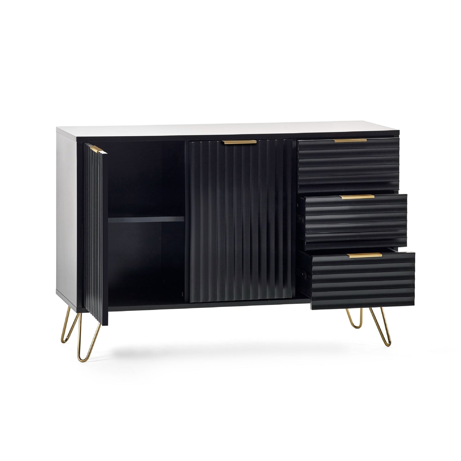 Modern cabinet with black ribbed doors and drawers on a white background
